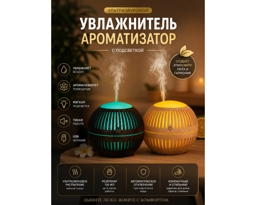 Ультразвуковой увлажнитель-ароматизатор воздуха с подсветкой, 130 мл